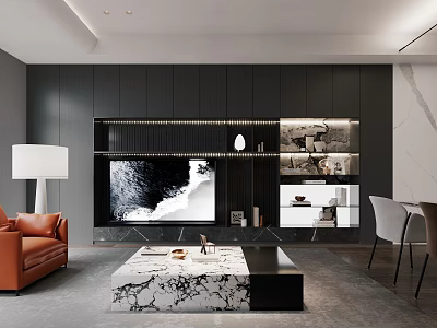 Modern Living and Dining Room Interior with Orange Sofa Marble Coffee Table and Black Cabinets 3d model