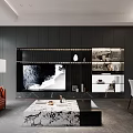 Modern Living and Dining Room Interior with Orange Sofa Marble Coffee Table and Black Cabinets