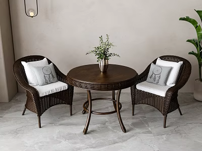 Wicker Table and Chairs Set with Round Table Two Chairs White Cushions and Green Plants 3d model