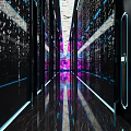KTV Futuristic Corridor Design With Glowing Pillars Reflective Floor Purple Pink Lighting