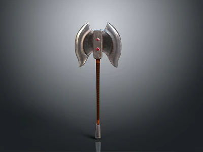 Double Headed Battle Axe With Metal Blades Wooden Handle And Red Gemstone 3d model
