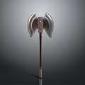 Double Headed Battle Axe With Metal Blades Wooden Handle And Red Gemstone