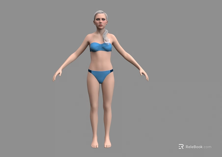 A woman wearing blue bikini standing with arms outstretched in gray background 3d model 