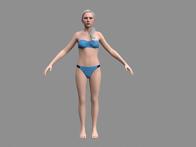 A woman wearing blue bikini standing with arms outstretched in gray background 3d model