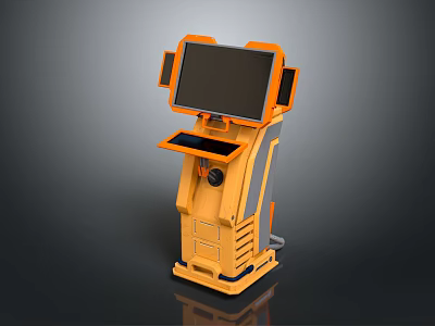 Orange Standalone Computer Kiosk with Large Main Screen and Side Displays 3d model