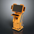 Orange Standalone Computer Kiosk with Large Main Screen and Side Displays