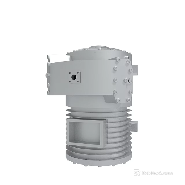 Gray Industrial Mechanical Component With Cylindrical Body Bolted Connections And Cooling Fins 3d model 