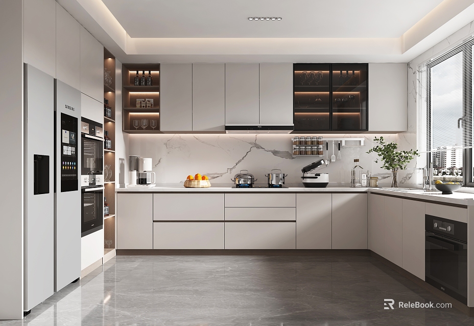 Modern Kitchen With White Cabinets Glass Door Wall Units Central Island And Stainless Steel Appliances 3d model 