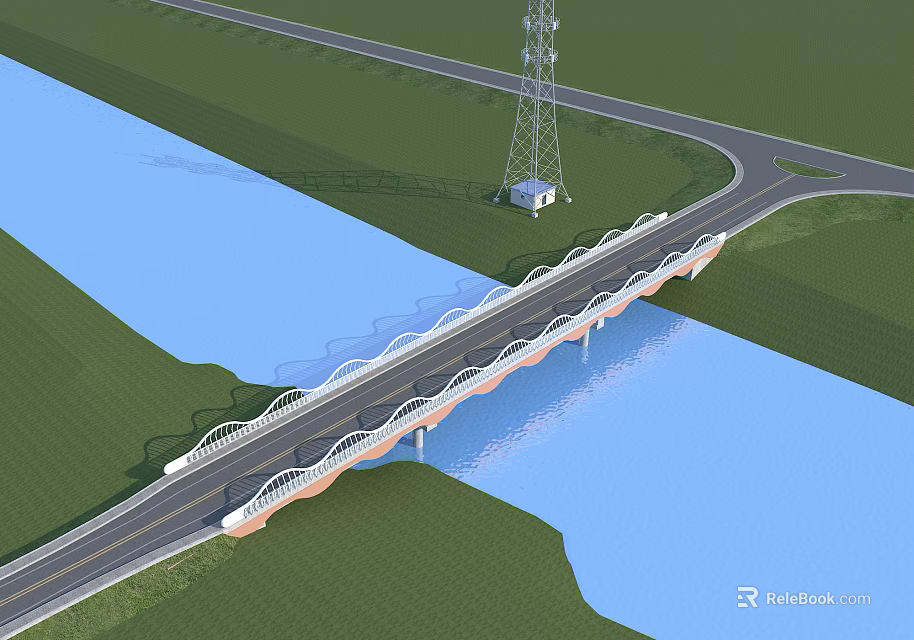 Modern Highway Bridge Over River With White Railings And Green Grass Area 3d model 