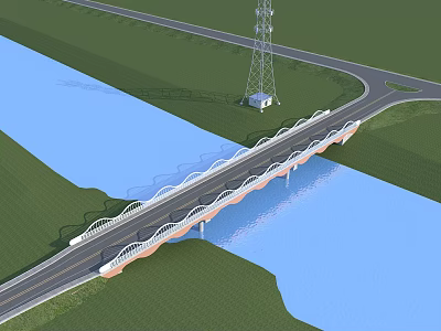 Modern Highway Bridge Over River With White Railings And Green Grass Area 3d model