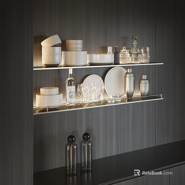 Elegant Minimalist Dinnerware Set with Plates Bowls Glasses and Bottles on Modern Kitchen Shelf 3d model 