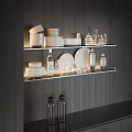 Elegant Minimalist Dinnerware Set with Plates Bowls Glasses and Bottles on Modern Kitchen Shelf