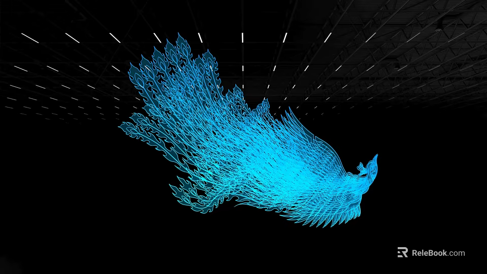 Feather Shaped Decorative Light With Blue Illumination And Dynamic Glow On Black Background 3d model 