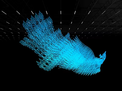Feather Shaped Decorative Light With Blue Illumination And Dynamic Glow On Black Background 3d model