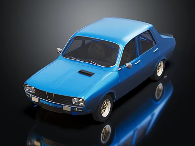 Vintage Blue Sedan Model Displayed On Black Background With Reflection 3d model