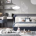 Kids Room Interior With Rocket Planet Wall Decor Bed Toys Shelf And Cozy Rug