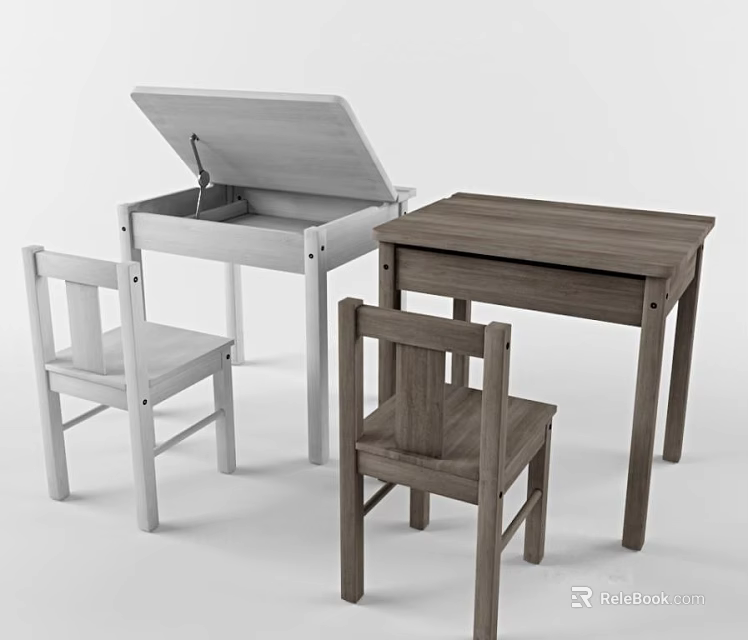 White Flip Top Desk and Dark Wooden Desk with Matching Chairs 3d model 