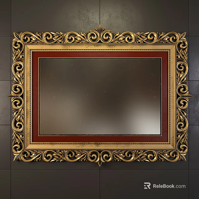 Vintage Golden Ornate Picture Frame With Intricate Carvings Red Inner Border On Dark Wall 3d model 
