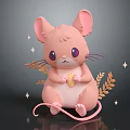 Pink Little Mouse Holding Yellow Fruit Surrounded by Golden Wheat Ears and Sparkling Star Decorations
