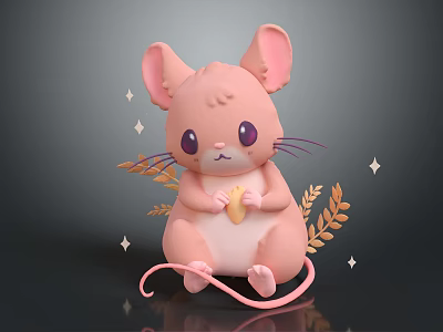 Pink Little Mouse Holding Yellow Fruit Surrounded by Golden Wheat Ears and Sparkling Star Decorations 3d model