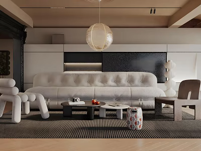 Modern Living Room Interior Design With White Sofa Round Pendant Light Coffee Table And Rug 3d model