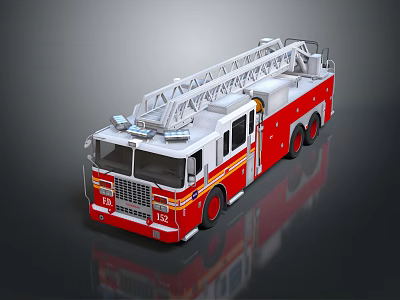 Red and White Fire Truck with Extended Ladder and Reflective Surface 3d model