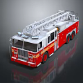 Red and White Fire Truck with Extended Ladder and Reflective Surface 3d model