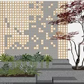 Stylish Garden Decor With Golden Geometric Wall Red Tree Stone Steps And Various Green Plants