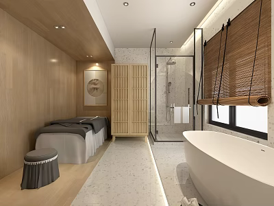 Tranquil SPA Sauna Space With Wooden Walls Massage Bed Bathtub Bamboo Blinds And Stone Floor 3d model