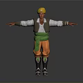 Man With Yellow Turban White Shirt Green Vest Orange Pants Black Boots Arms Outstretched