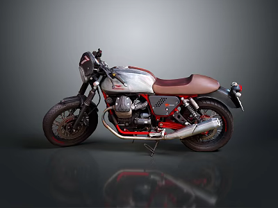 Vintage Silver And Red Motorcycle With Brown Seat And Retro Design 3d model