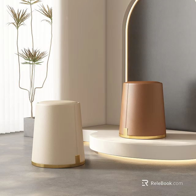 Modern Beige And Brown Leather Dining Chairs With Gold Accent Trim In Contemporary Interior 3d model 