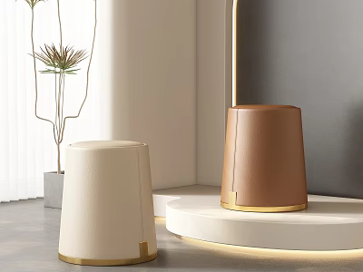 Modern Beige And Brown Leather Dining Chairs With Gold Accent Trim In Contemporary Interior 3d model