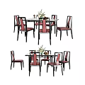 Modern Dining Table Set With Rectangular Table Pink Cushioned Chairs And Flower Vase 3d model