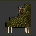 People Sitting On Green Curved Sofa With Orange Cushions Wooden Legs Against Gray Background
