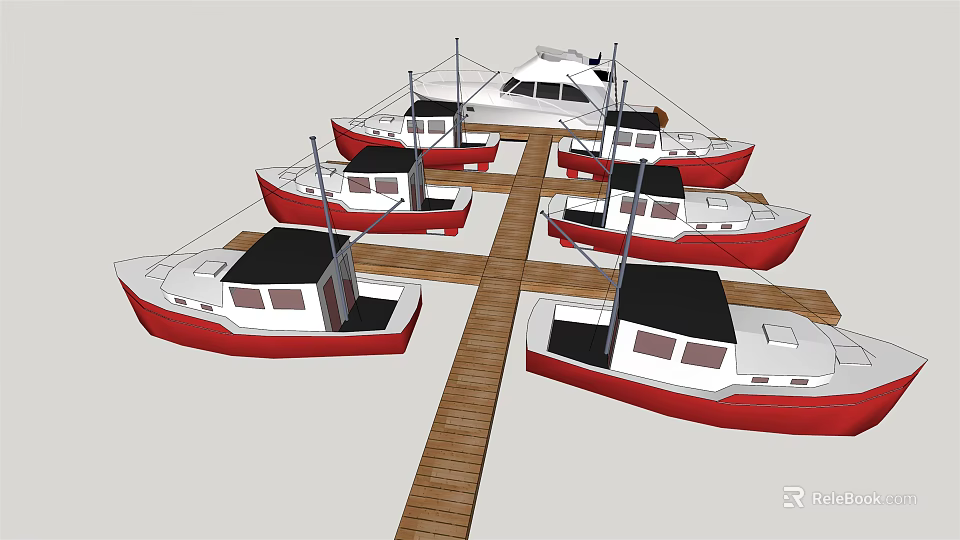 Multiple Red And White Yachts Displayed On Wooden Dock Layout 3d model 