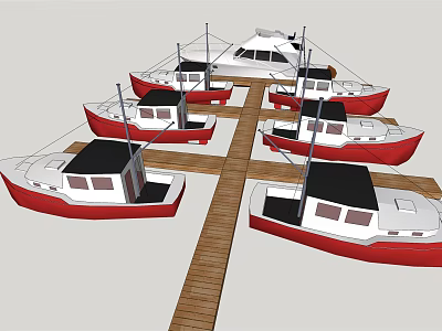 Multiple Red And White Yachts Displayed On Wooden Dock Layout 3d model