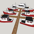 Multiple Red And White Yachts Displayed On Wooden Dock Layout