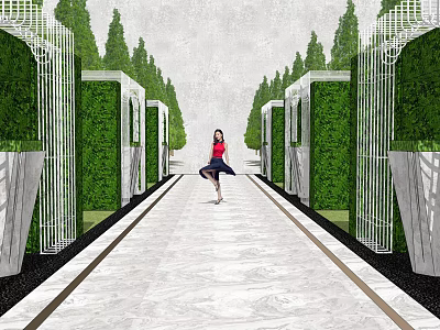 Elegant Landscape Wall With White Grid Green Hedges And Marble Pathway With Woman 3d model