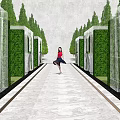Elegant Landscape Wall With White Grid Green Hedges And Marble Pathway With Woman