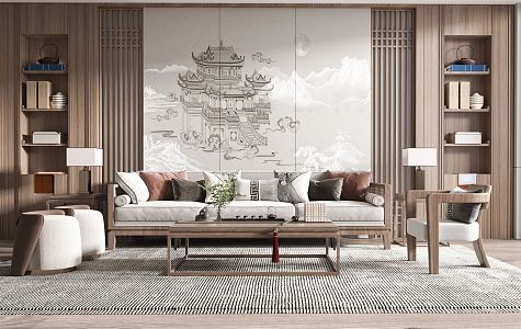 New Chinese Style Living Room Sofa Coffee Table Combination 3d model