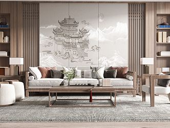 New Chinese Style Living Room Sofa Coffee Table Combination 3d model