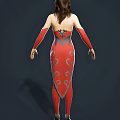 Game And Movie Female Character In Red Black Bodysuit With Silver Armor Accents
