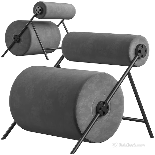 Modern Gray Leisure Chair With Cylindrical Cushion And Black Metal Frame 3d model 