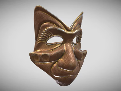 Intricately Carved Bronze Mask Featuring Detailed Facial Features And Decorative Motifs 3d model