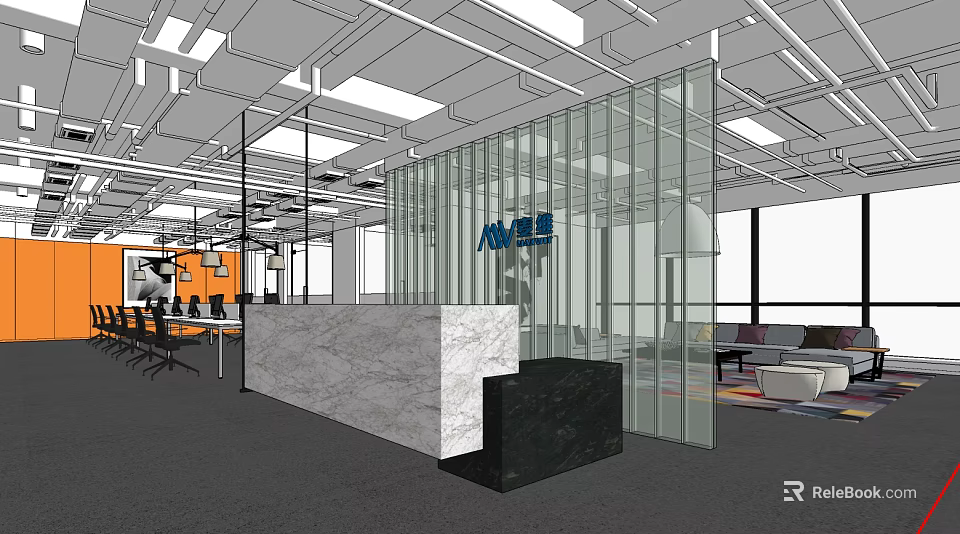 Modern Public Office Space With Marble Reception Desk Glass Partition And Office Furniture 3d model 