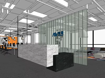 Modern Public Office Space With Marble Reception Desk Glass Partition And Office Furniture 3d model