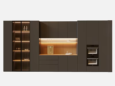 Modern Minimalist Wine Cabinet With Glass Doors And Built-in Ovens In Dark Kitchen Design 3d model