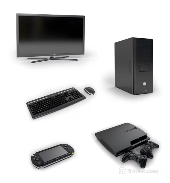 Black Desktop Computer Setup Including Monitor Tower Keyboard Mouse Gaming Console and Handheld Device 3d model 