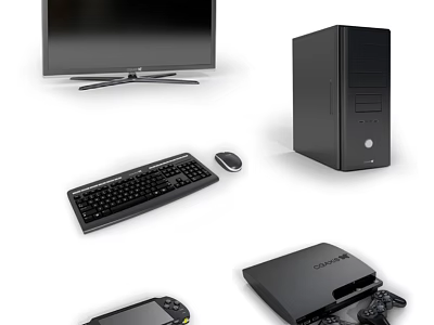 Black Desktop Computer Setup Including Monitor Tower Keyboard Mouse Gaming Console and Handheld Device 3d model